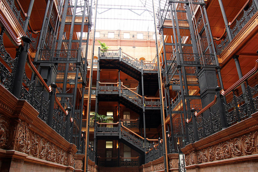 One of DTLA’s most famous architectural landmarks (in fact, it is LA’s oldest landmarked building), The Bradbury Building may not look like much from the outside, but its legendary interior of ornamental cast iron, Italian marble, Mexican tile, decorative terra cotta and polished wood has captured the imaginations of authors and filmmakers for over 100 years. It’s ornate staircases and unique “bird-cage” elevators surrounded by wrought-iron grillwork can be seen in Bladerunner, 500 Days of Summer, and The Artist. A plus for gaffers: the sizeable ceiling skylight provides an abundance of natural light.